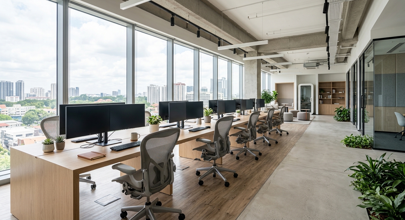 Modern office with task chairs near large bright windows
