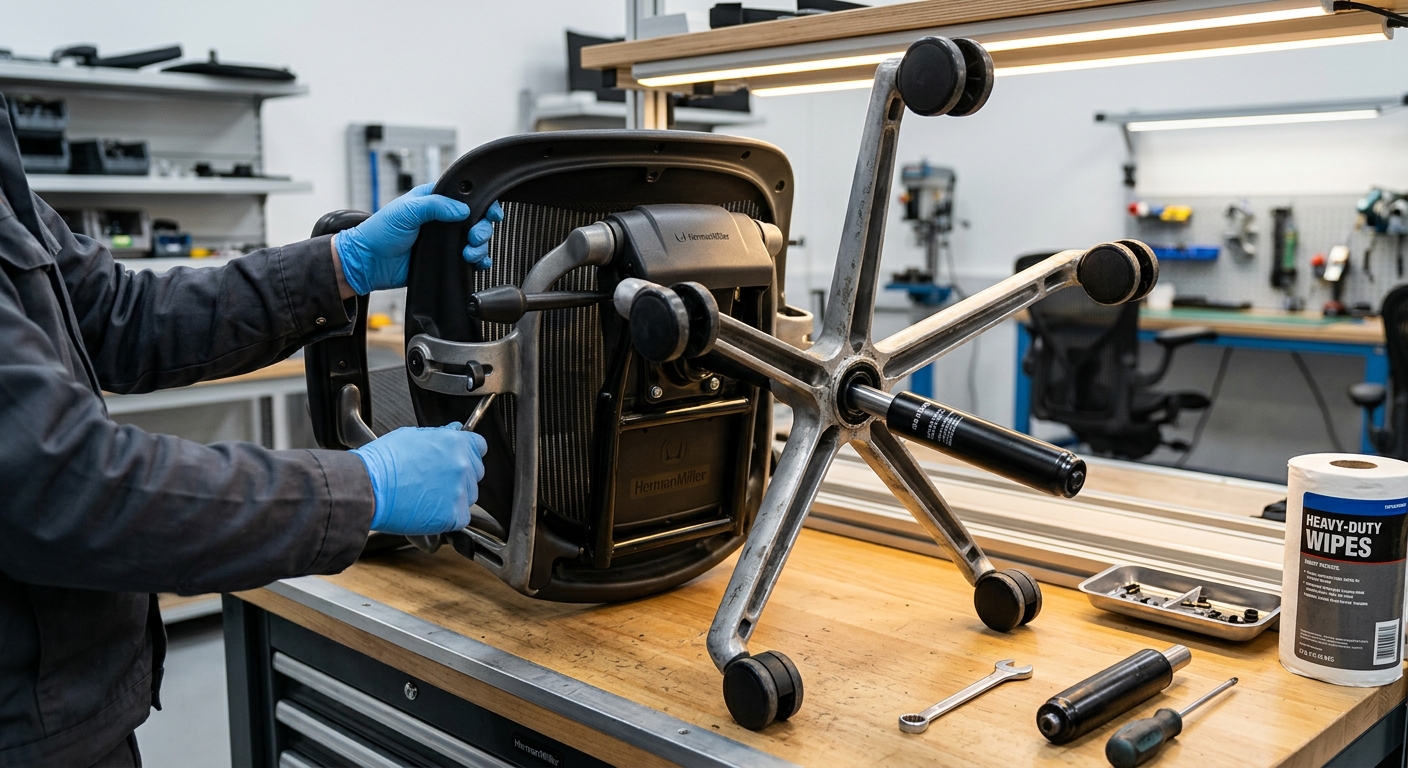 Technician replacing a chair cylinder in a workshop