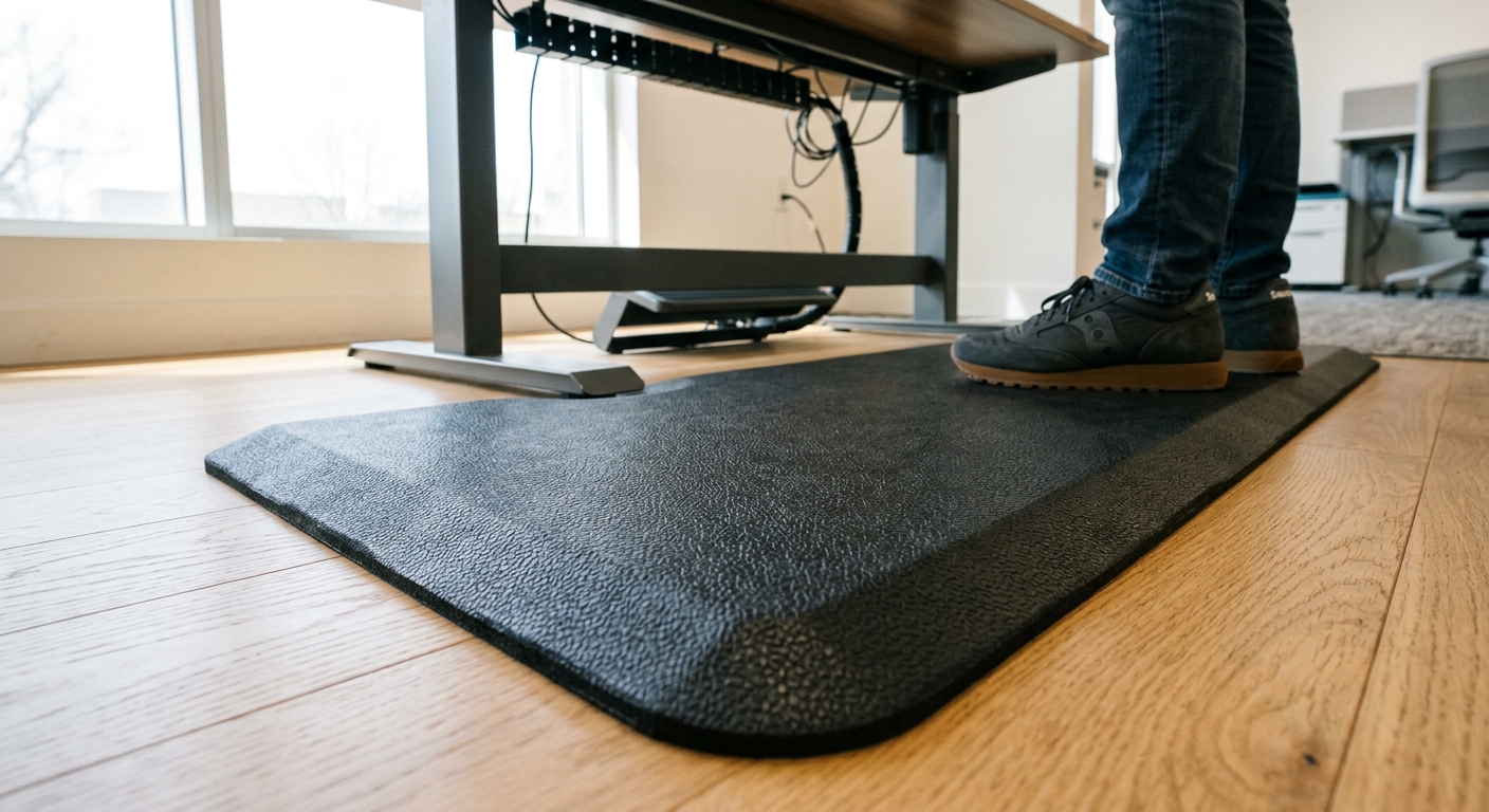 Contoured polyurethane anti-fatigue mat with beveled edges under a standing desk