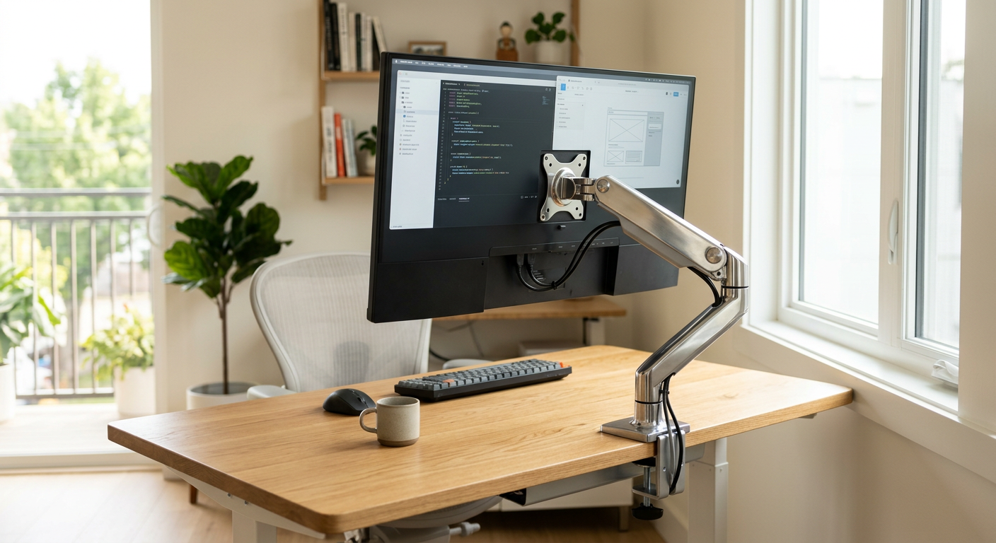 Gas-spring monitor arm holding a large display above a clean wooden desk