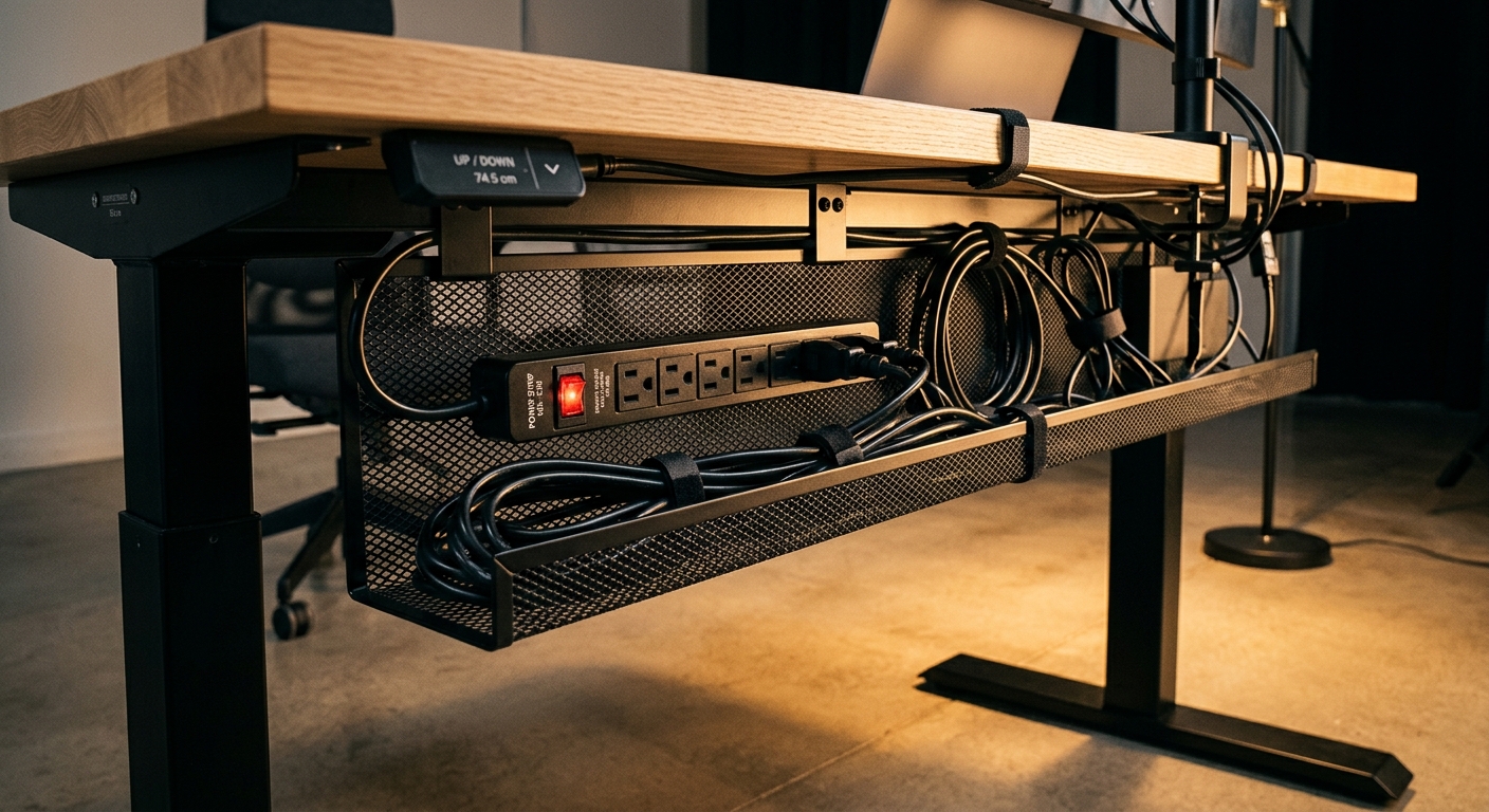 Under-desk metal mesh cable management tray with organized cables and power strip