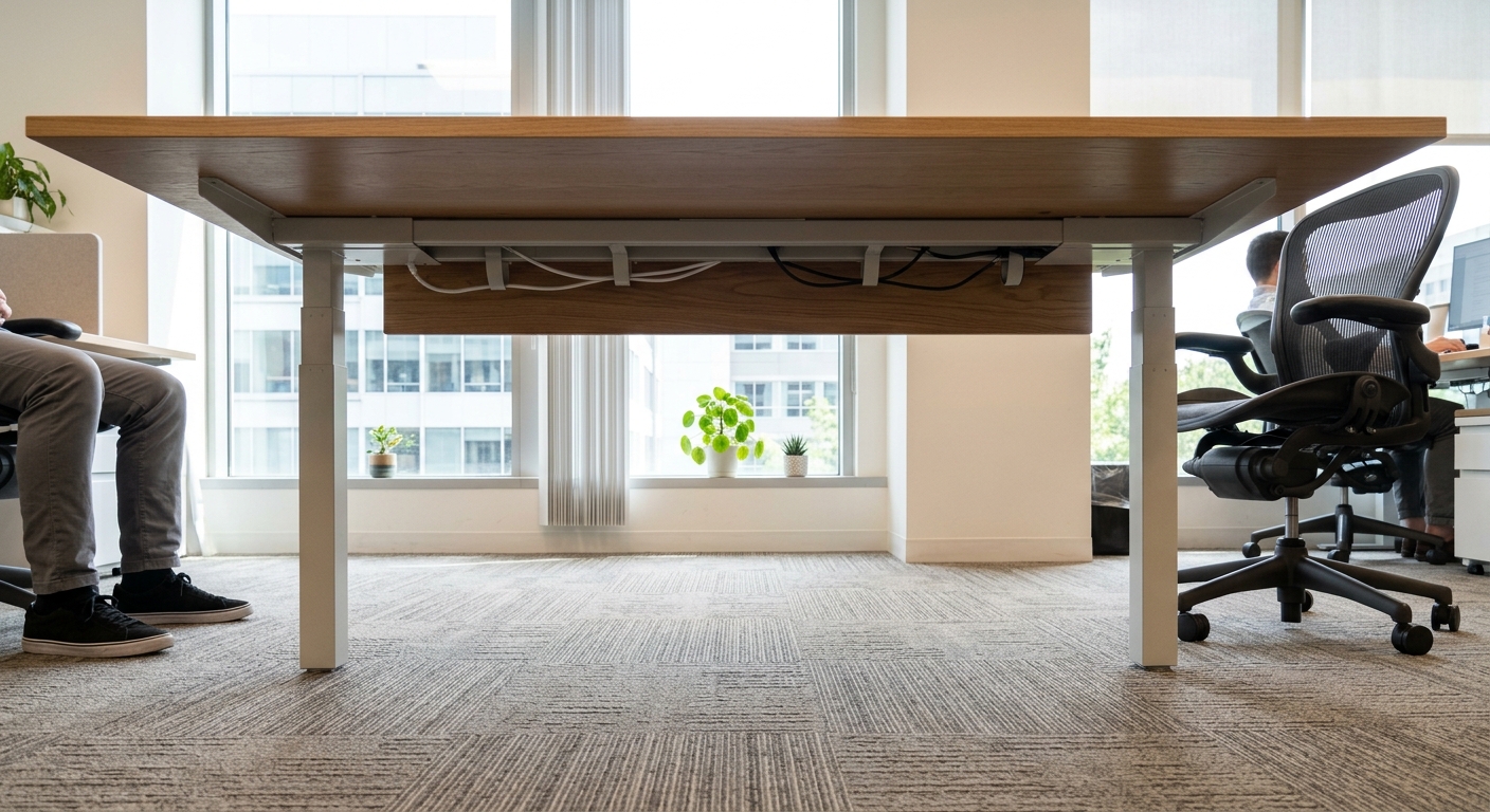 Underside of accessible desk showing open knee clearance without center pedestal