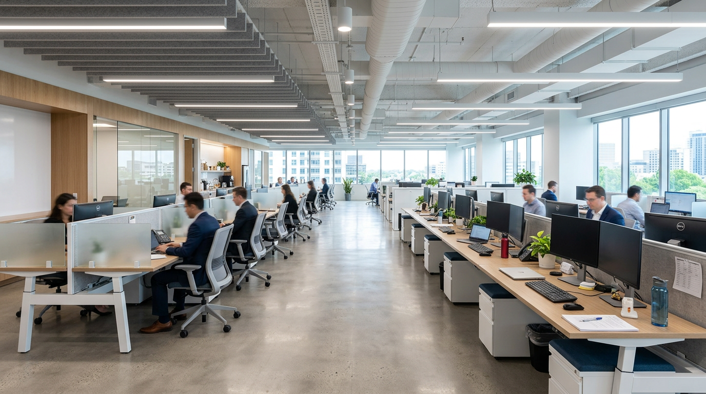 Wide office aisle with sufficient clearance width for wheelchair access