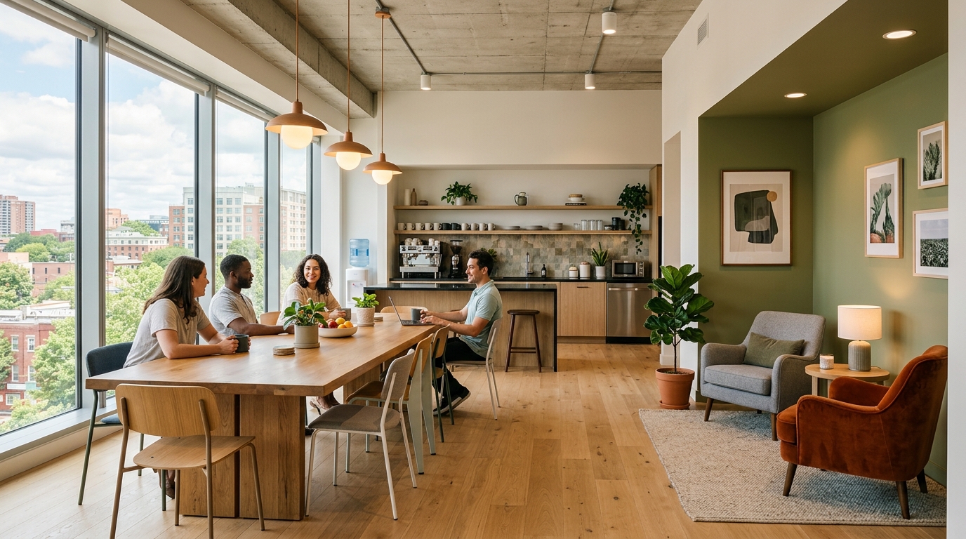 Office breakroom with communal table and lounge nook