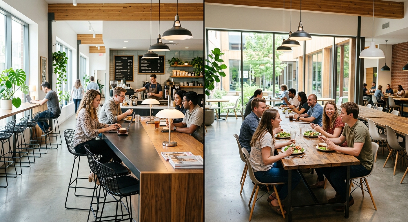 Cafeteria split into bar-height and communal dining zones