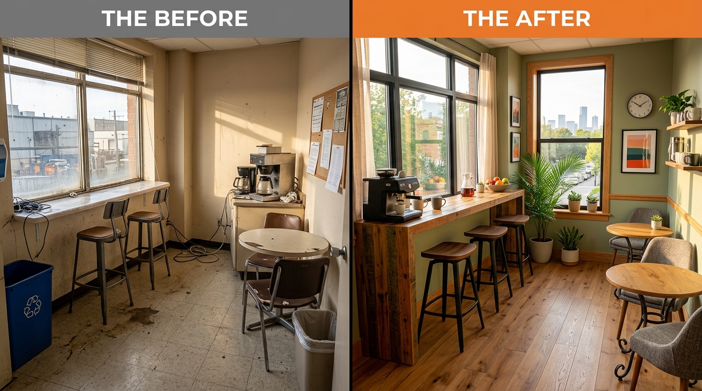 Sunny breakroom corner with bar stools and small tables by a window