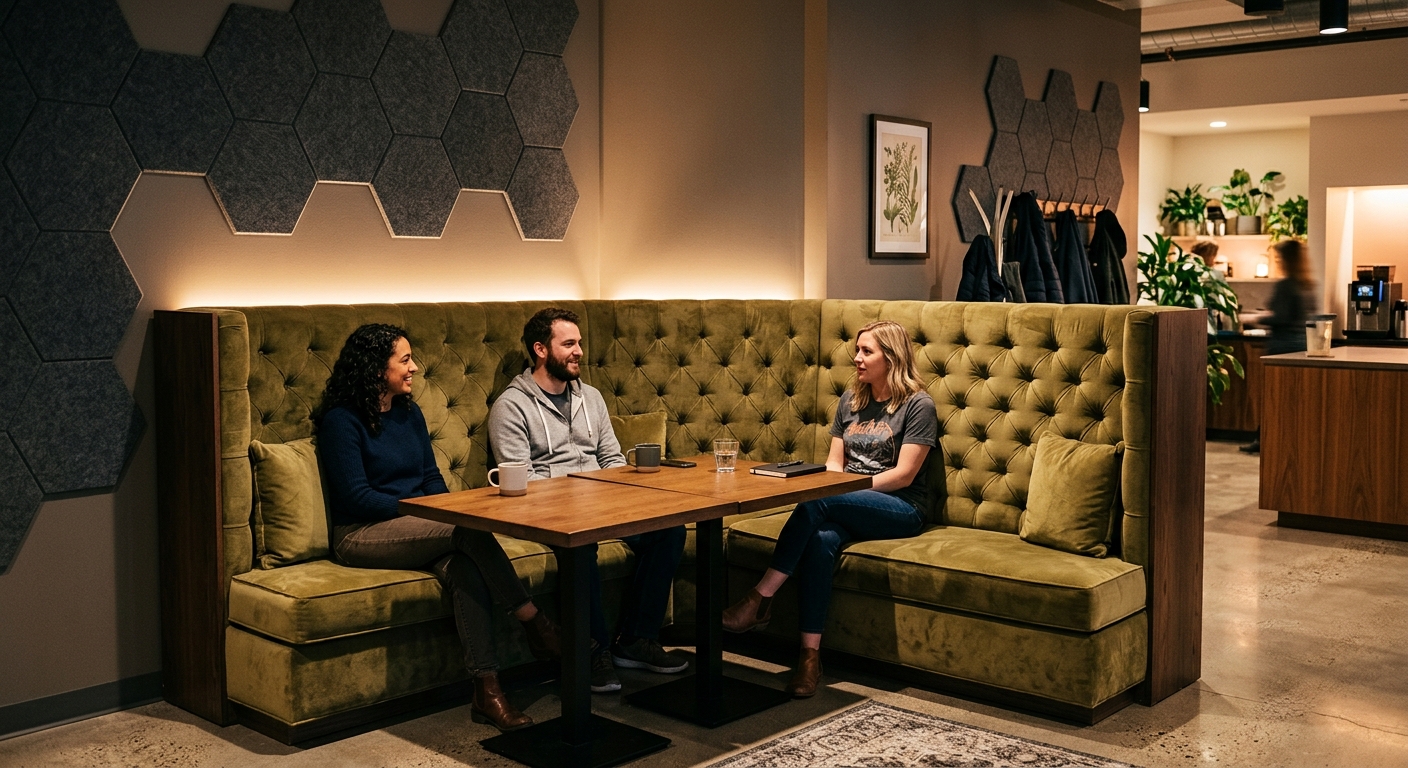 Upholstered booth seating providing acoustic separation in a breakroom