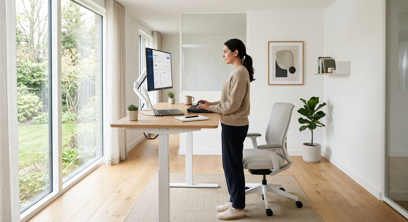 Electric sit-stand desk raised in a bright home office