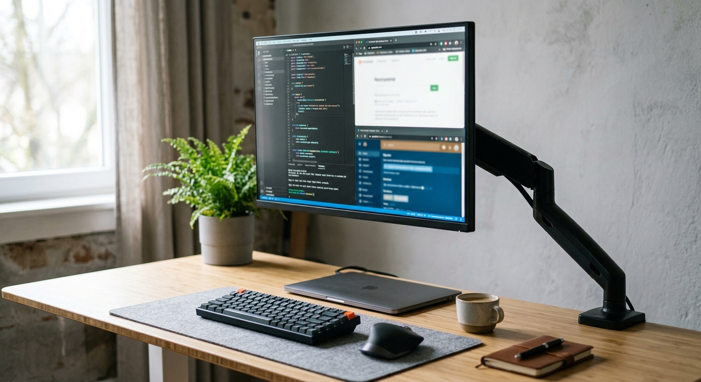Monitor mounted on adjustable arm at eye level in home office