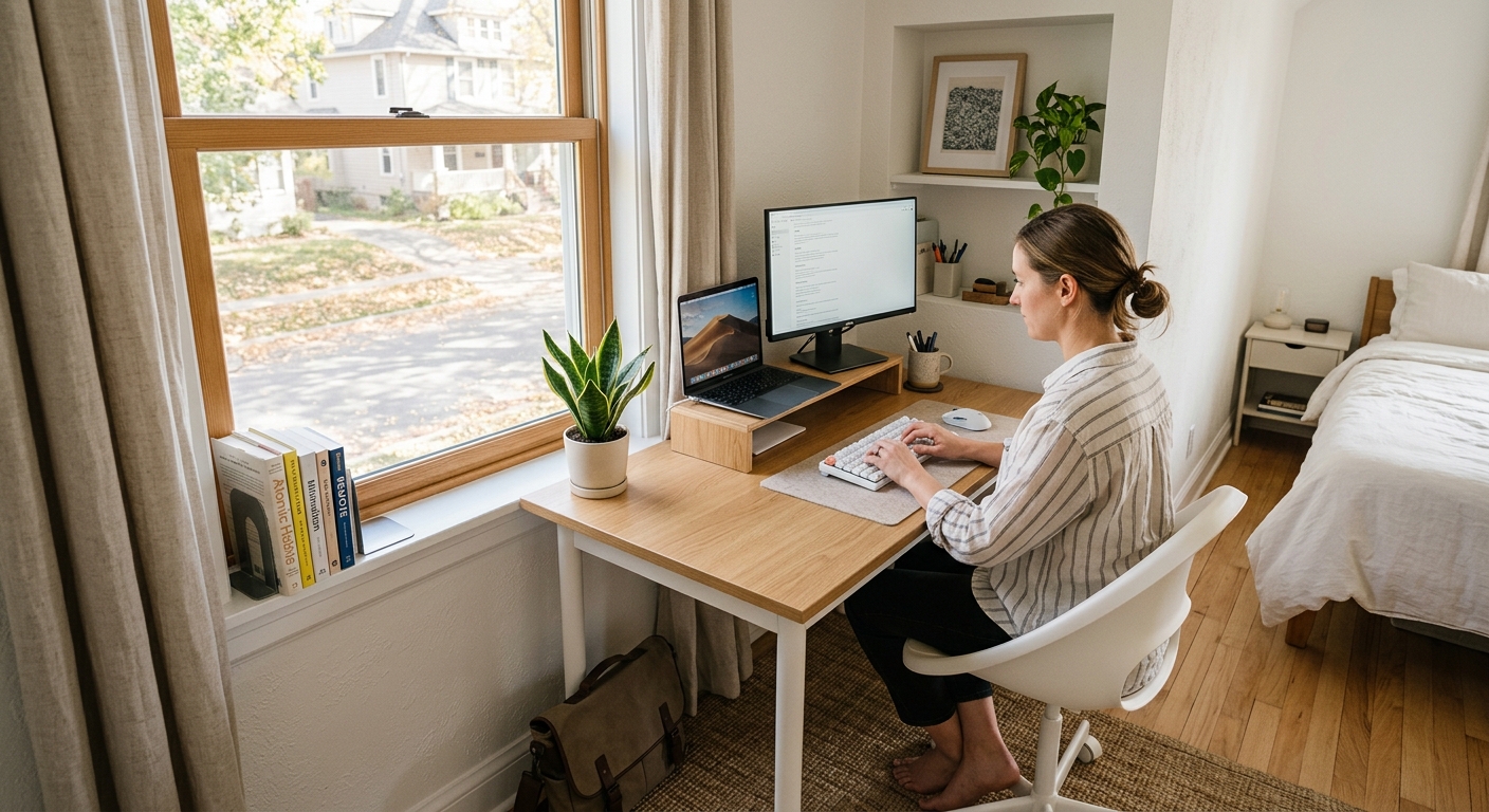 Compact corner desk setup in a small home office space