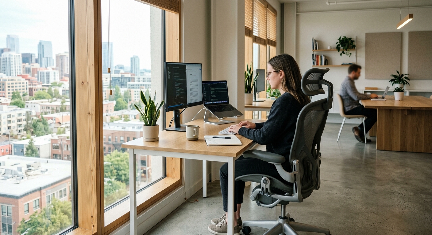 Startup office balancing ergonomic chair with simple functional desk