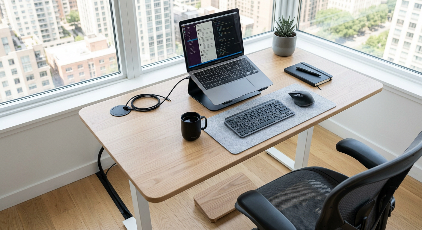 Compact modern desk with cable management for small office