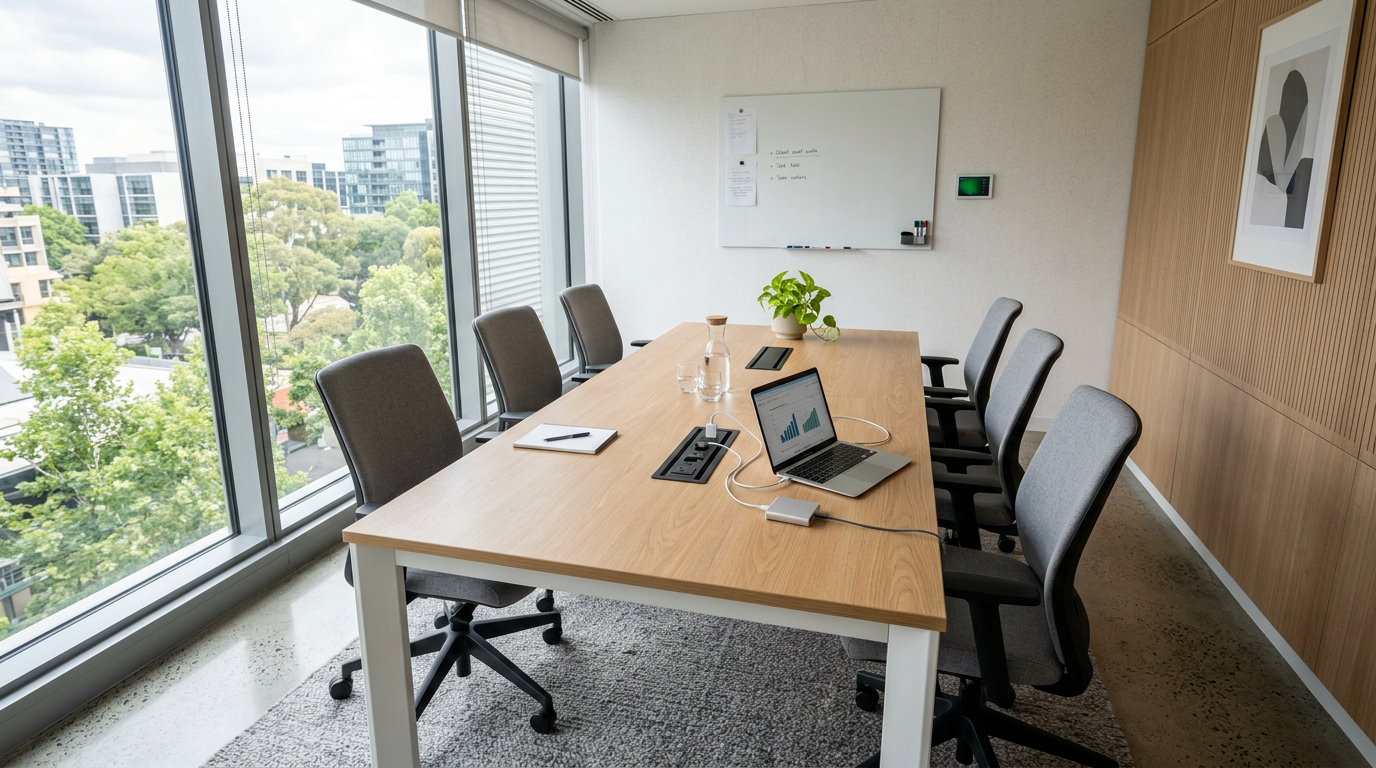 Simple functional conference table with power access in small meeting room