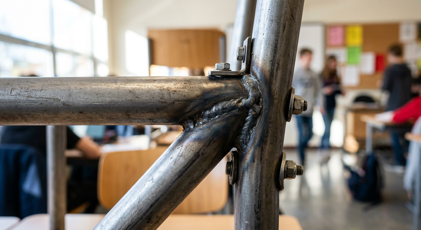Welded steel chair frame joint detail showing durable construction