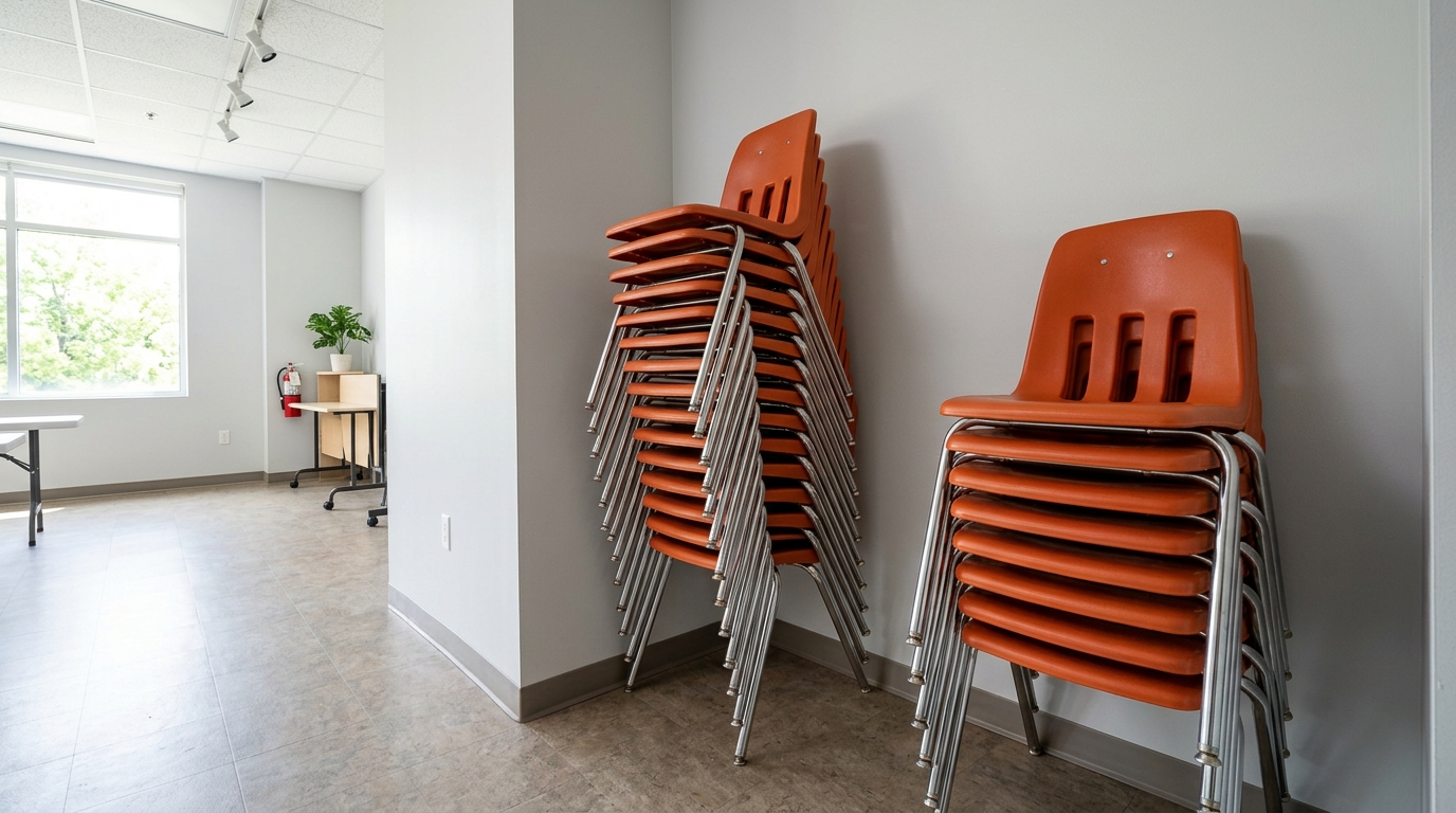 Stacked classroom chairs neatly stored in a training center