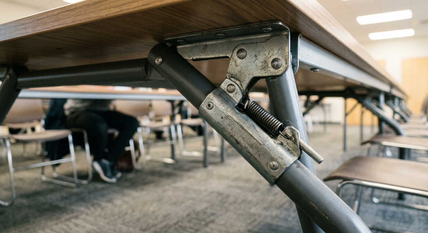 Folding table leg locking mechanism used in commercial training furniture