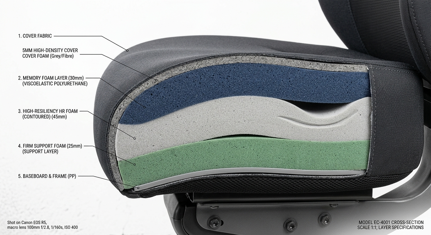 Cross-section of ergonomic chair cushion foam layers showing pressure distribution design