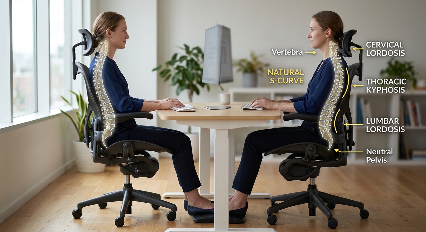 Person's spine alignment shown against an ergonomic mesh office chair backrest