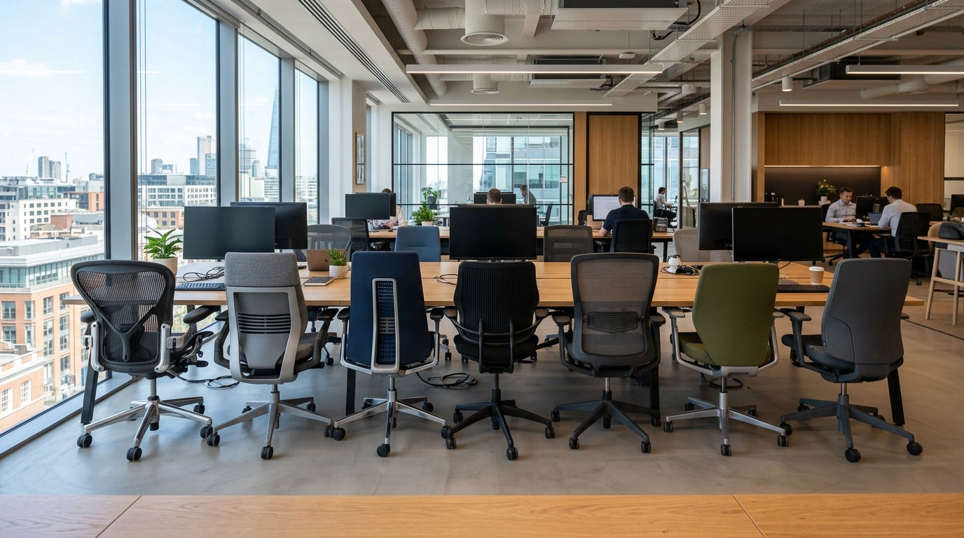 Row of different ergonomic office chairs in a modern open-plan office
