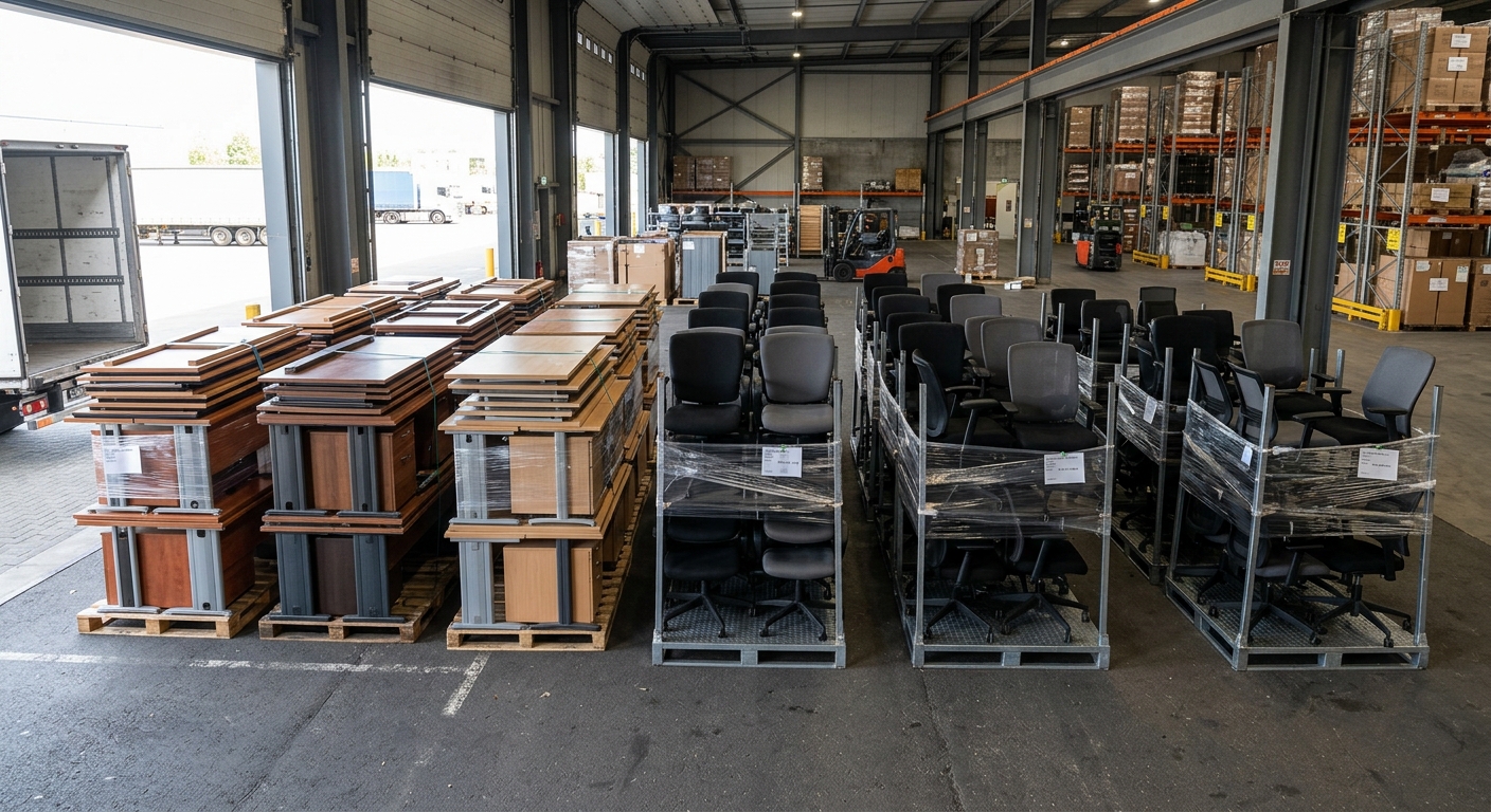 Stack of used office chairs and desks organized for reuse in a warehouse
