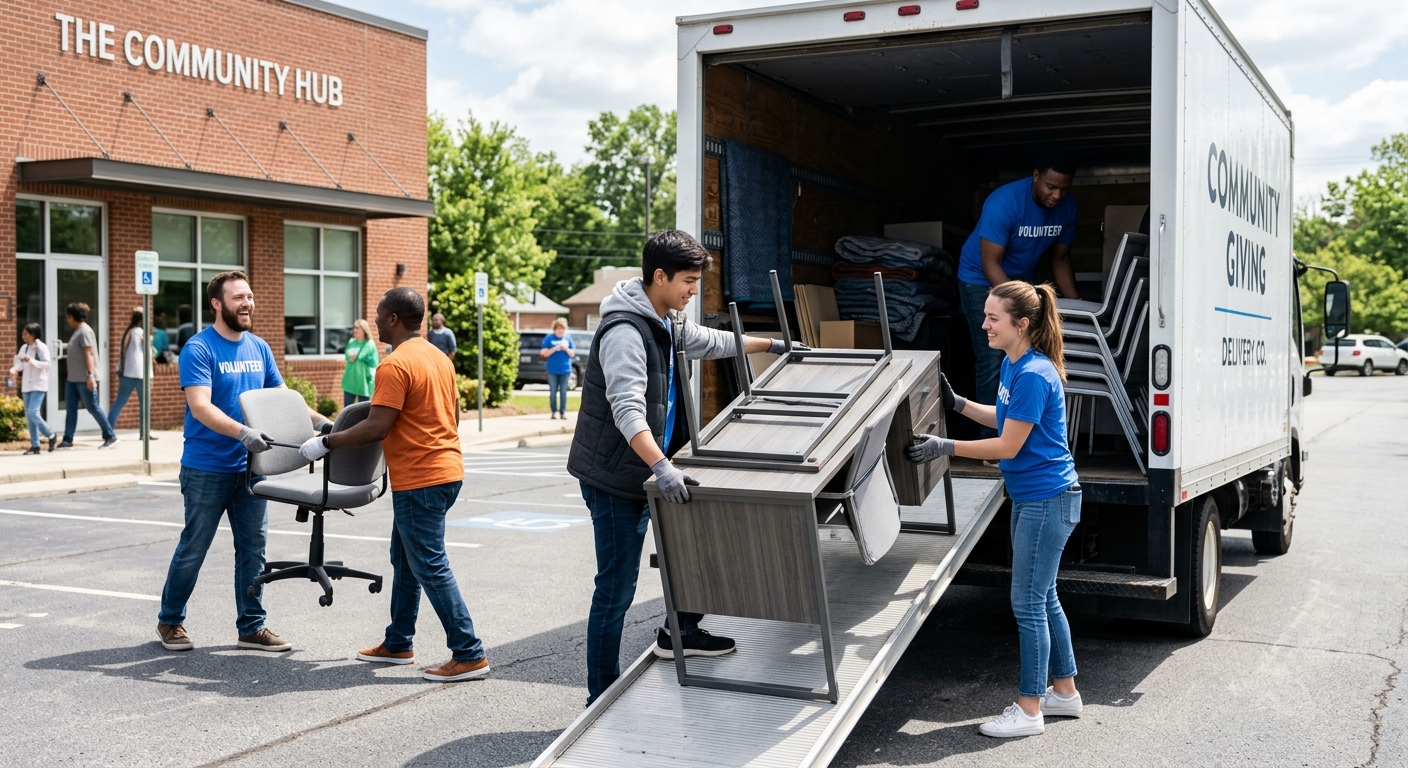 Volunteers loading donated office furniture onto a truck