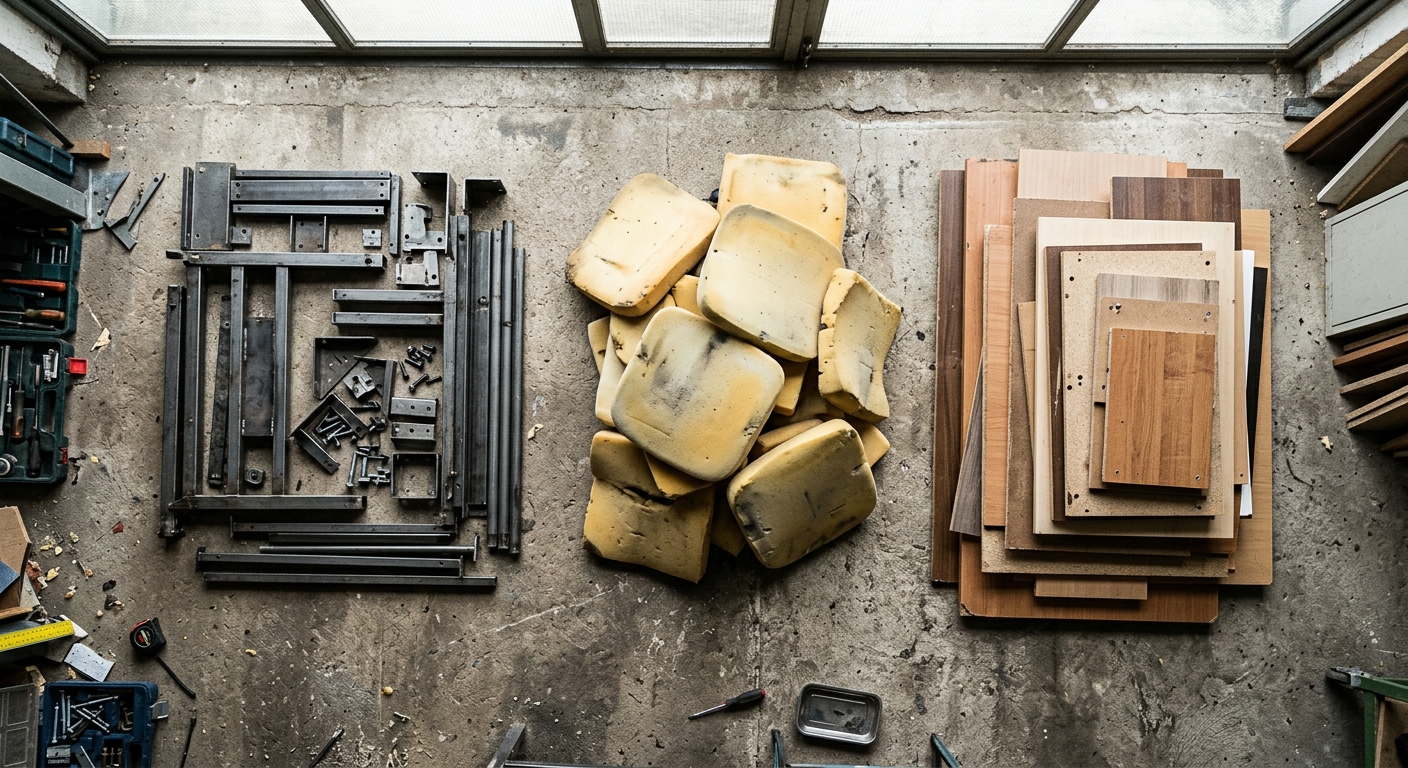 Dismantled office furniture parts sorted by material for recycling