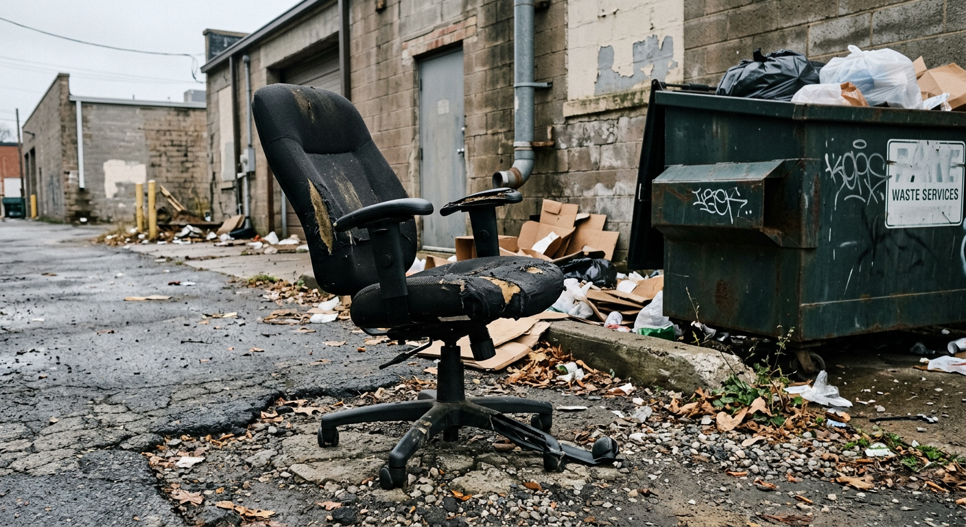 Damaged office chair beyond repair set aside for disposal