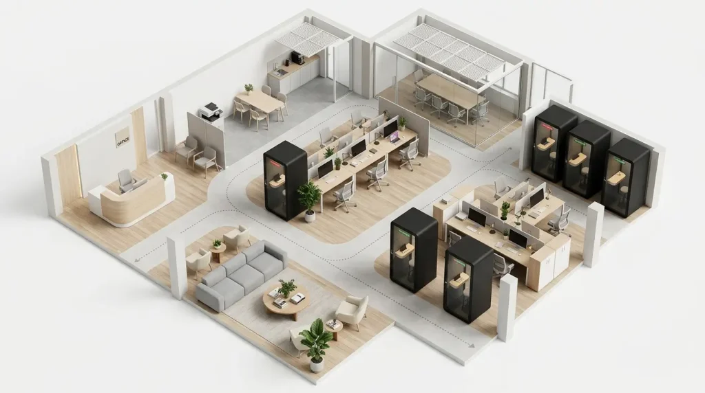 3D office floor plan layout with multiple acoustic phone booths