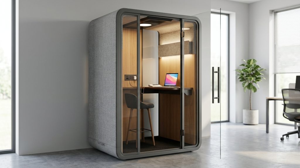 Solo acoustic work booth with desk, power and lighting