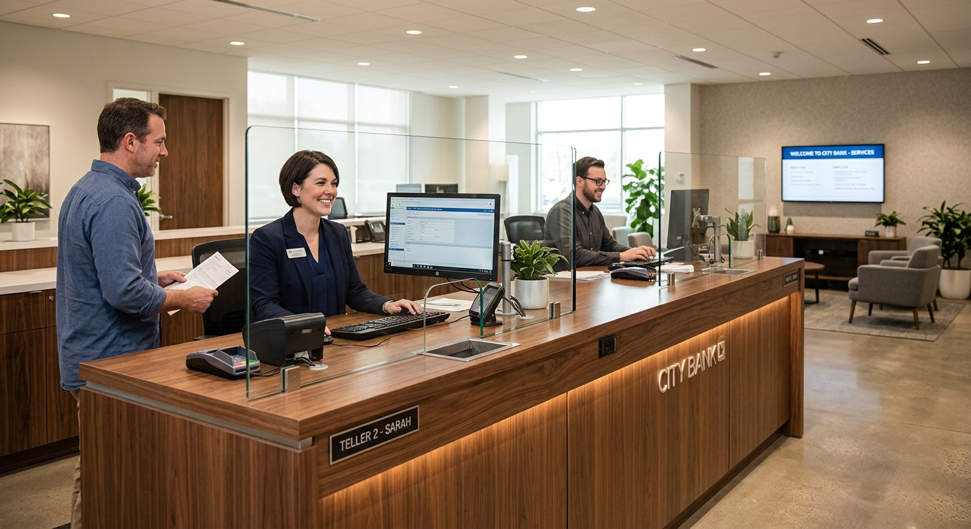 Bank teller counter with security barrier and warm wood finish