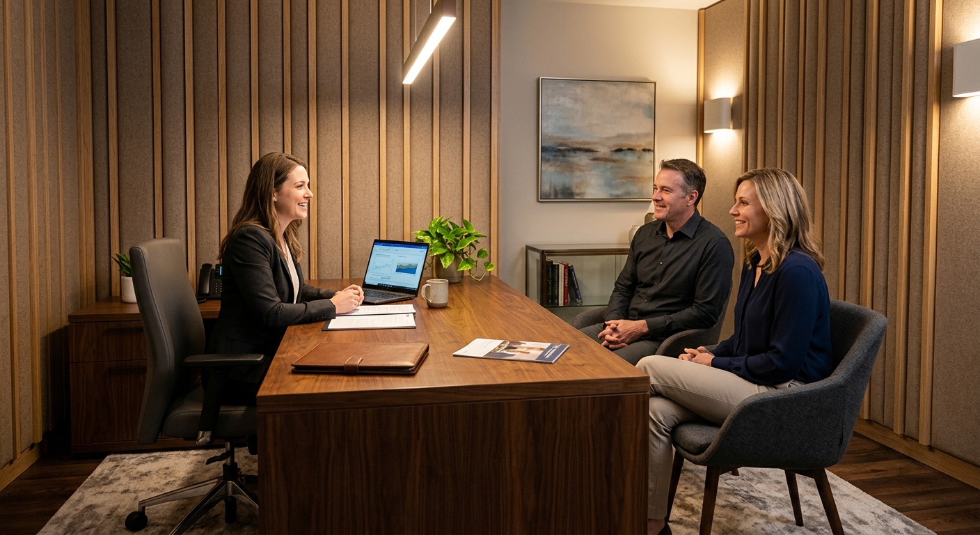 Private bank consultation office with acoustic paneling and angled guest chairs