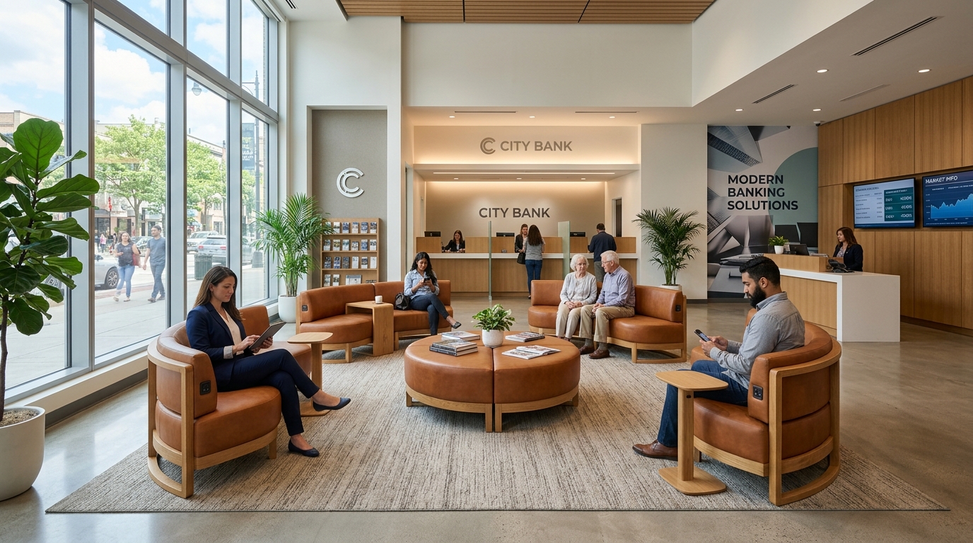 Bank branch waiting area with modular cluster seating