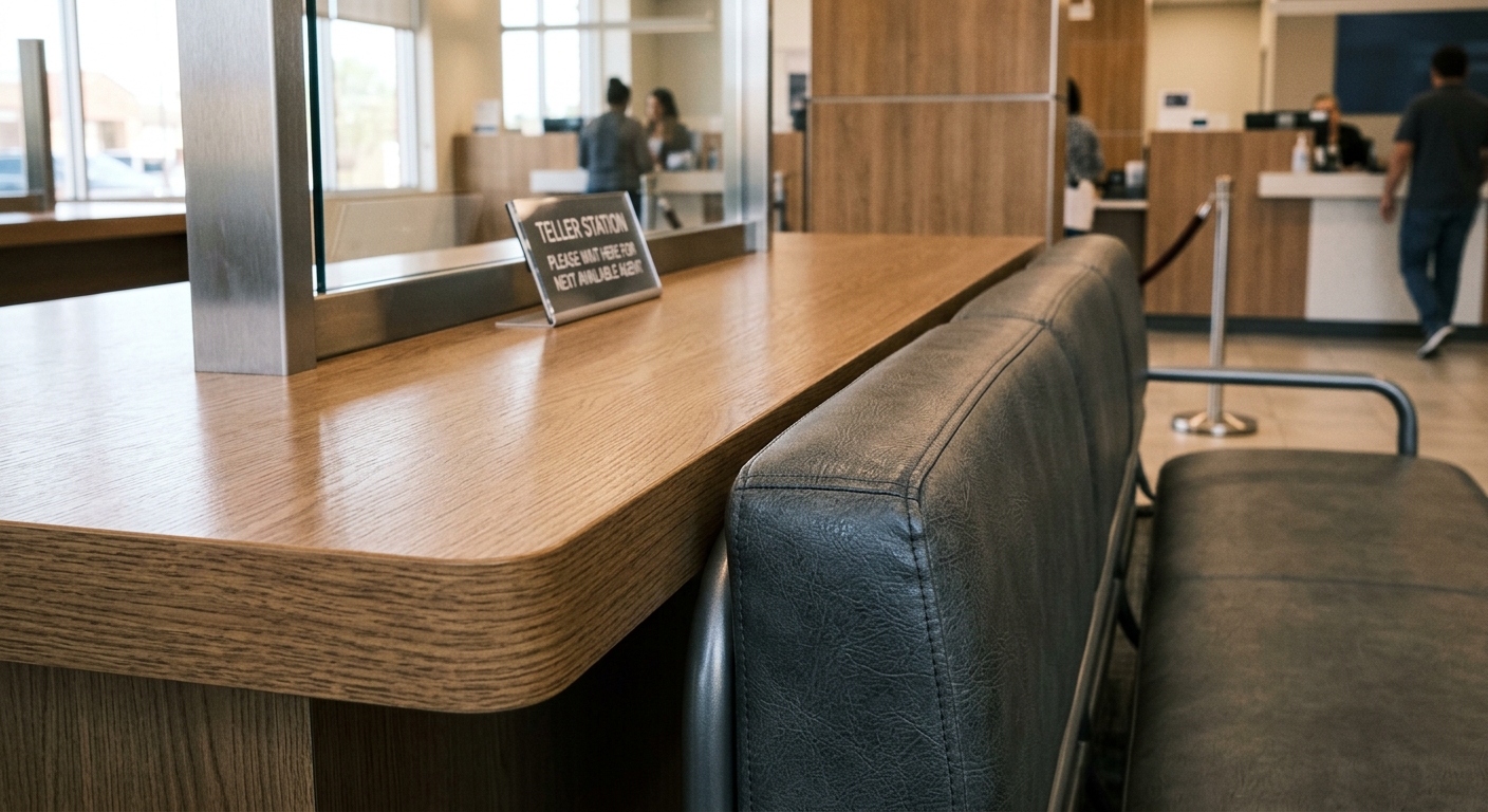Durable laminate countertop and vinyl seating detail in a bank interior