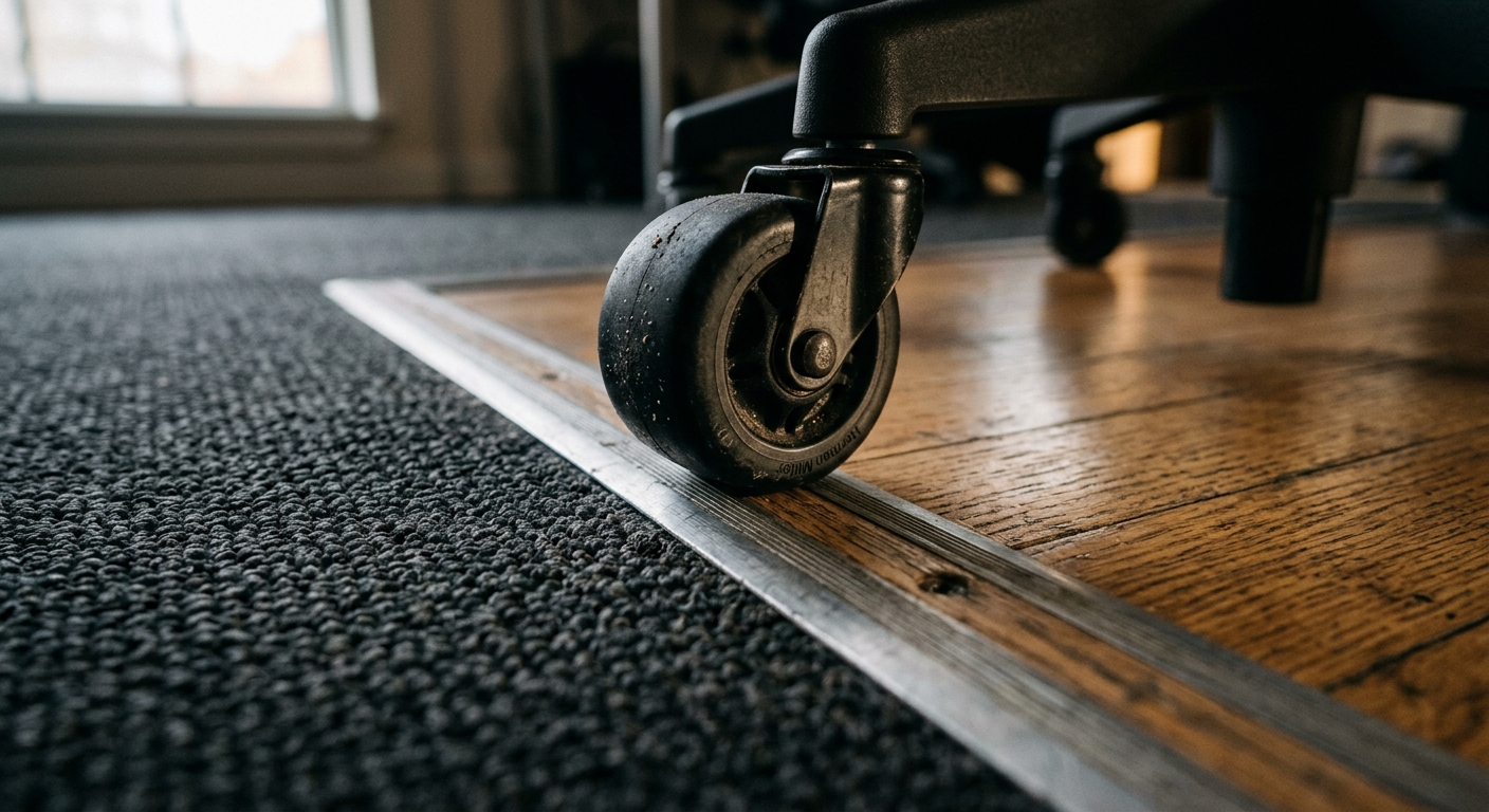 Chair caster wheel crossing a transition strip between carpet and hardwood floor