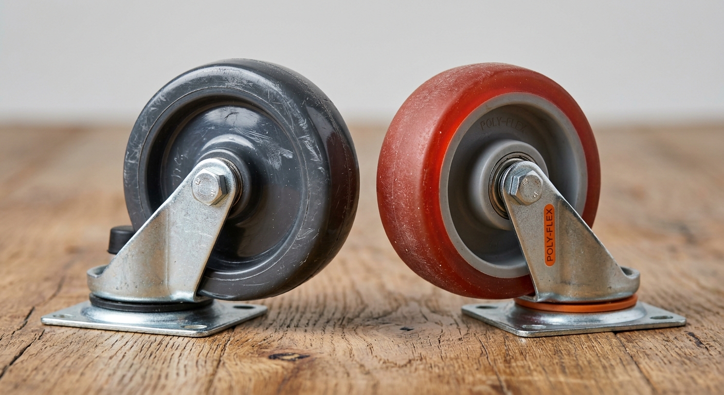 Side by side comparison of hard nylon and soft polyurethane caster wheels