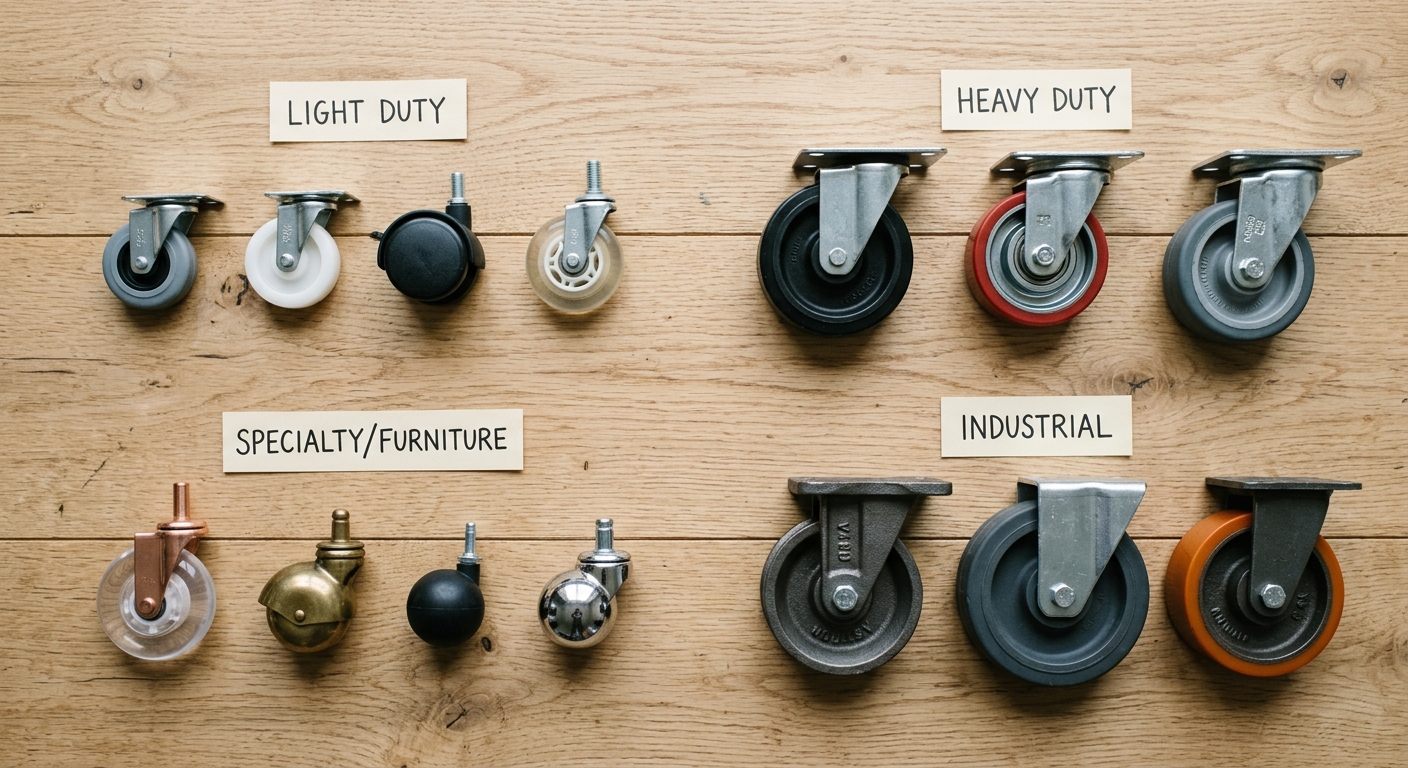 Assortment of different caster wheel types for various flooring surfaces