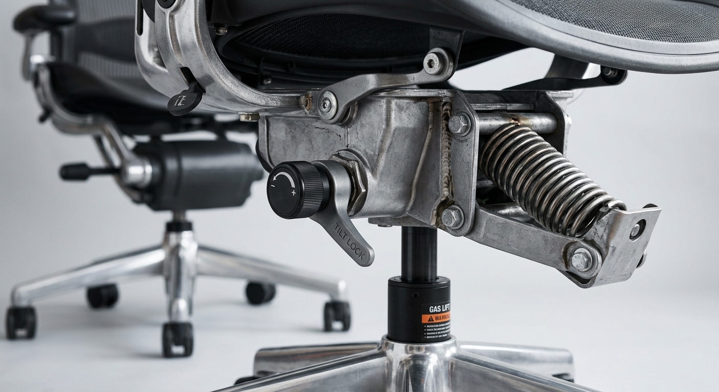 Exposed metal tilt mechanism and gas cylinder under an office chair seat