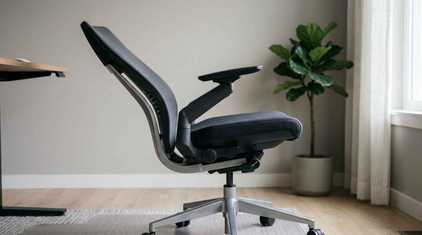 Office chair reclined showing synchro-tilt seat and backrest angle relationship