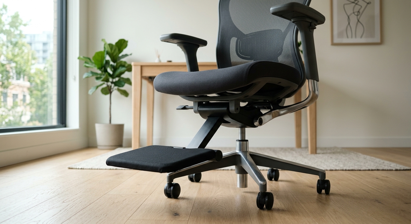 Ergonomic office chair with knee-tilt mechanism shown from low front angle