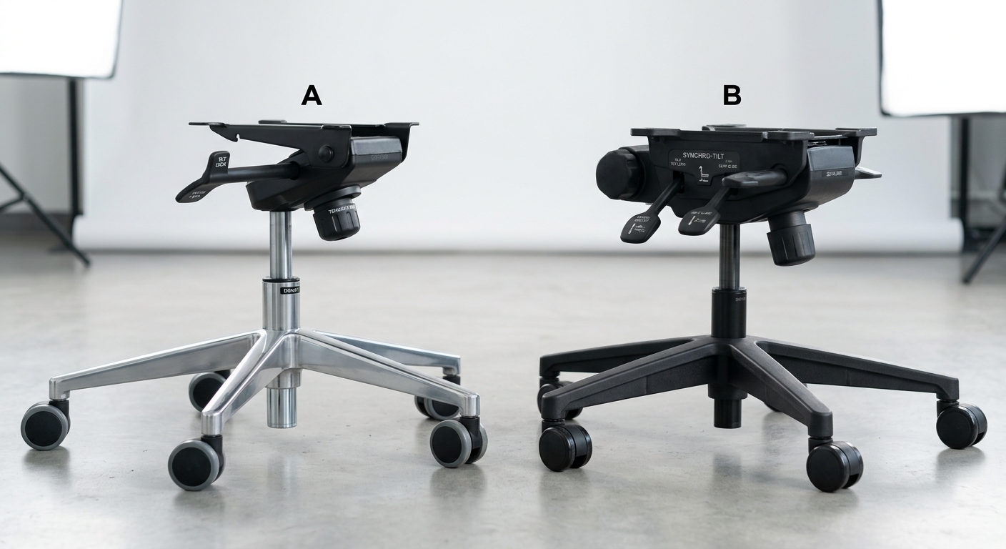 Two office chair bases with different tilt mechanisms compared side by side