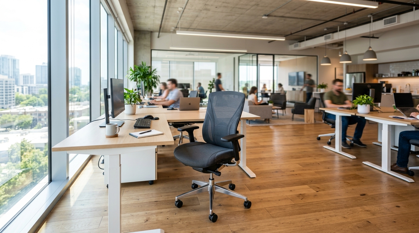 Office task chair upholstered in performance textile fabric in open workspace