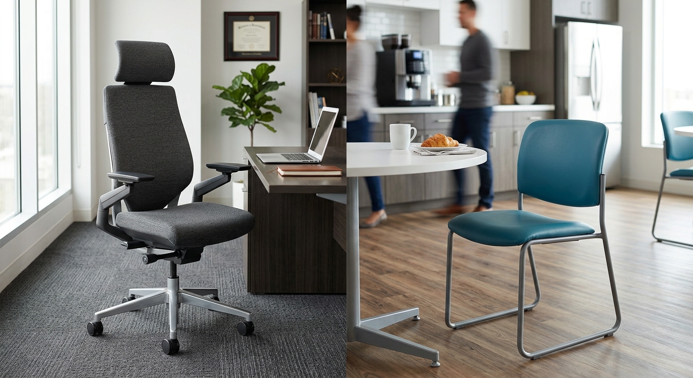 Executive fabric chair beside a vinyl breakroom chair comparison