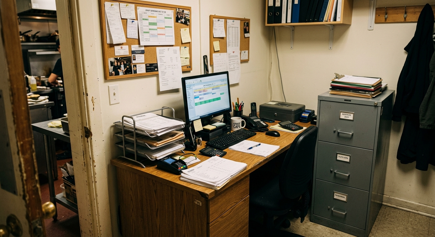 Restaurant back office desk with paperwork and steel cabinet under warm lighting