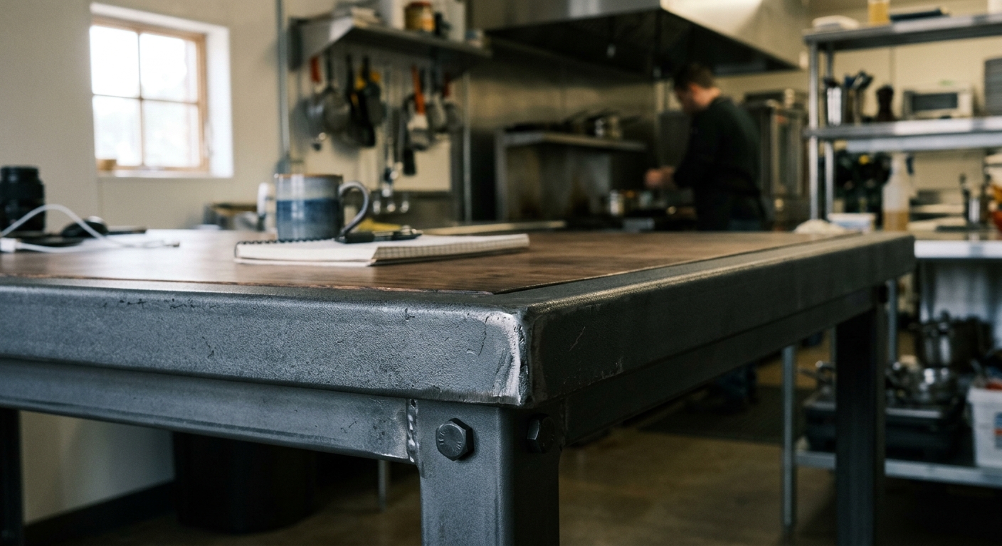 Close-up of sealed powder-coated steel desk edge in restaurant office