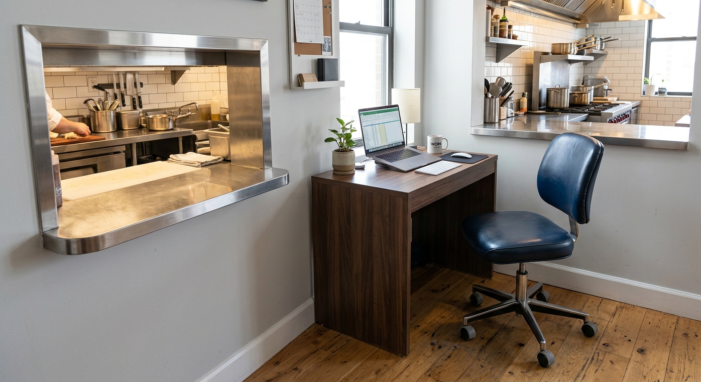 Vinyl upholstered office chair with hard floor casters near restaurant kitchen