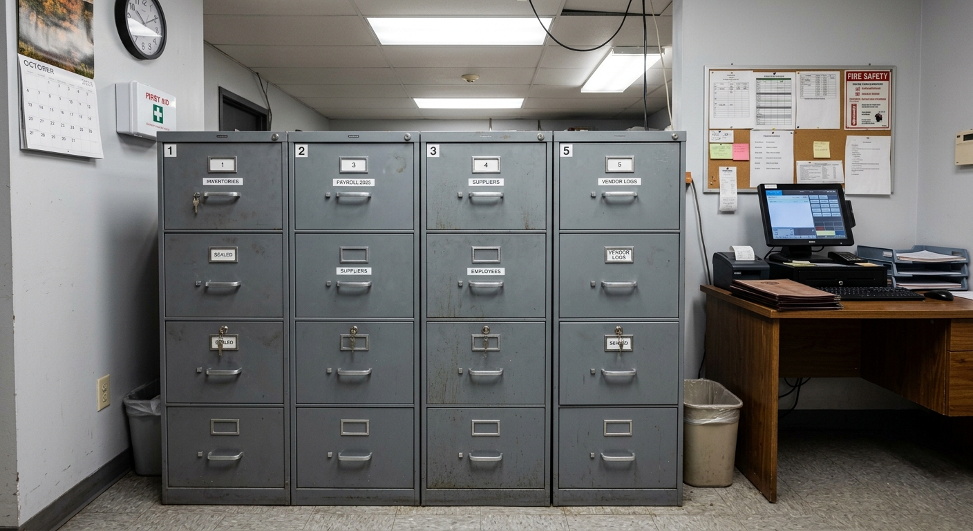 Steel filing cabinets with sealed doors in a restaurant back office