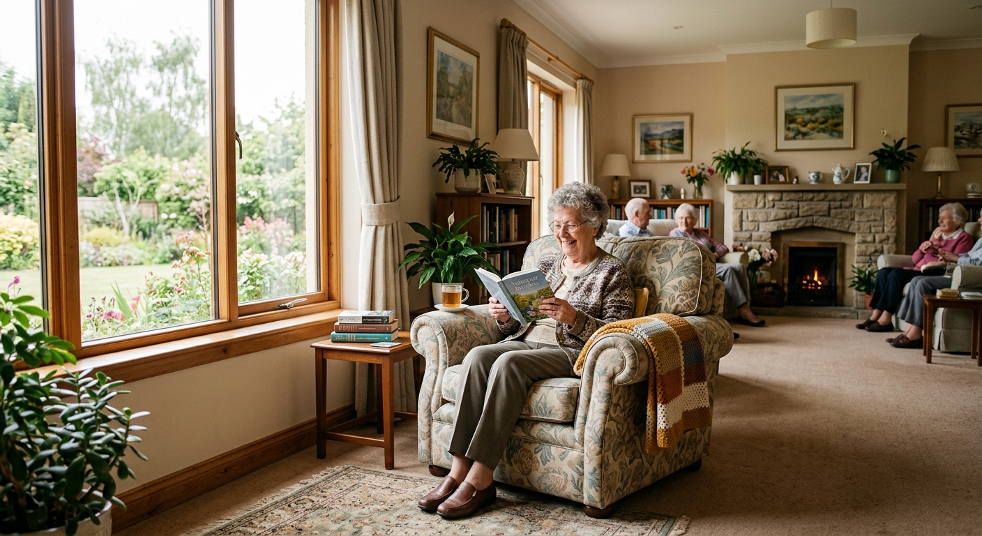 Warm residential lounge chair in senior living common room