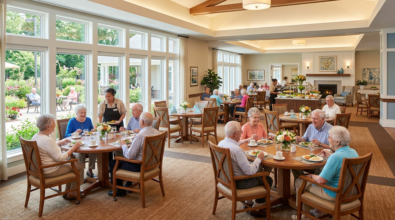 Senior living dining room with rounded-edge accessible tables