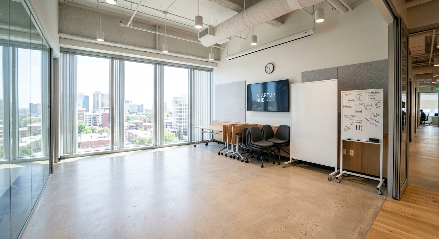 Empty flexible meeting room with mobile whiteboards ready for reconfiguration