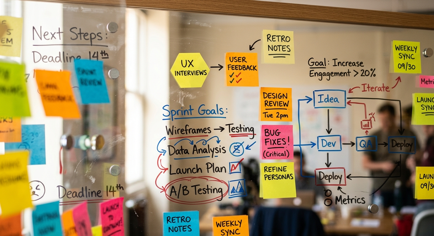 Magnetic glassboard covered in sketches and colorful sticky notes